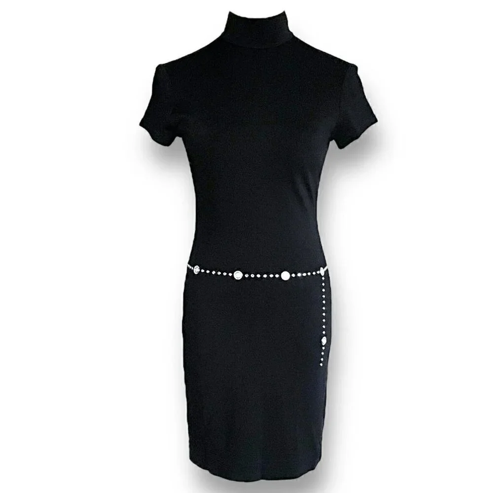Vintage 90s Tadashi Dress XSP XS Petite Black Bodycon Mock Neck Rhinestone Belt